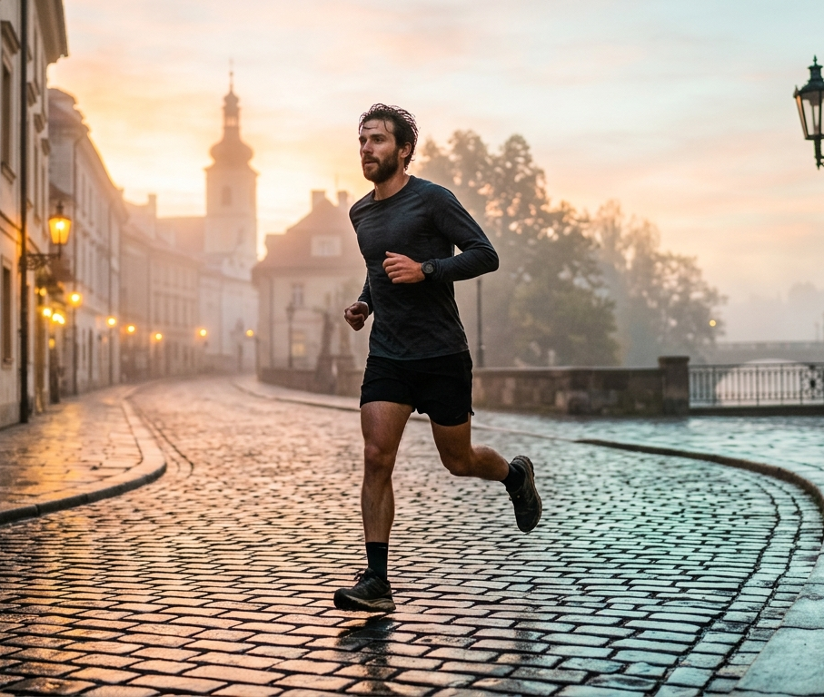 Runner al mattino presto su una strada silenziosa con luce dorata