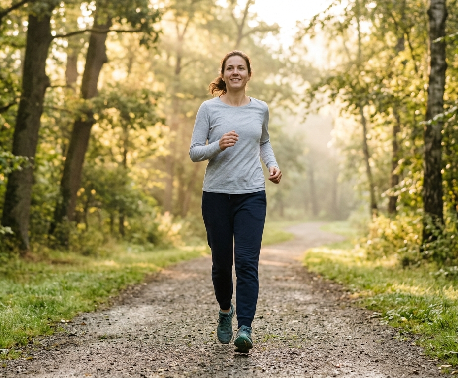 Persona che inizia a correre in un parco verde nella luce mattutina